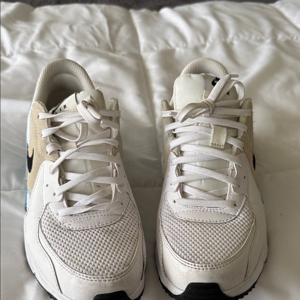 Nike Air Max White and Tan Sneakers with Blue Accents